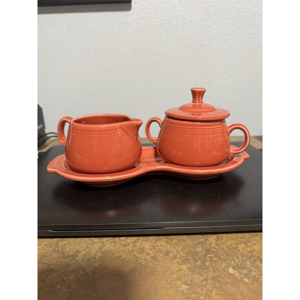 Fiesta Creamer And Sugar And Tray Poppy! Flamingo?
